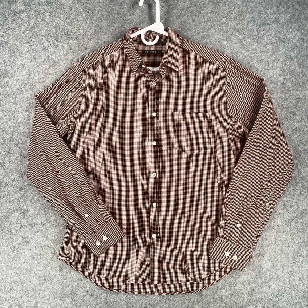 Theory Shirt Mens Large Brown Black‎ Gingham Check Button Up Long Sleeve Casual